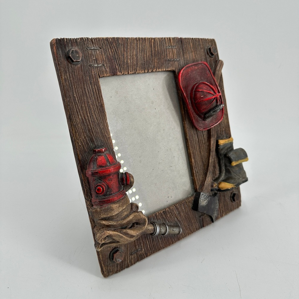 Firefighter 4x6 Picture Frame Rustic 3D Fire Hydrant Helmet Axe Decor
